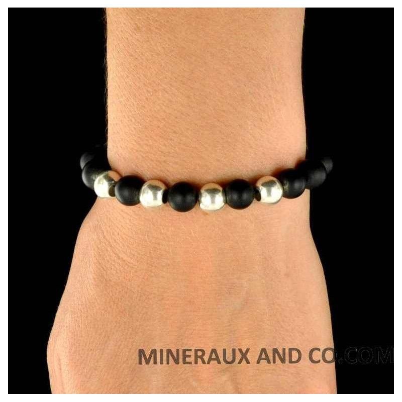 Bracelet perles d'agates noires et perles d'argent 925.